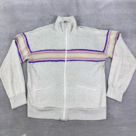 VTG 70s Track Jacket Mens Large Grey‎ Retro Stripe Full Zip Knit Winmark A7